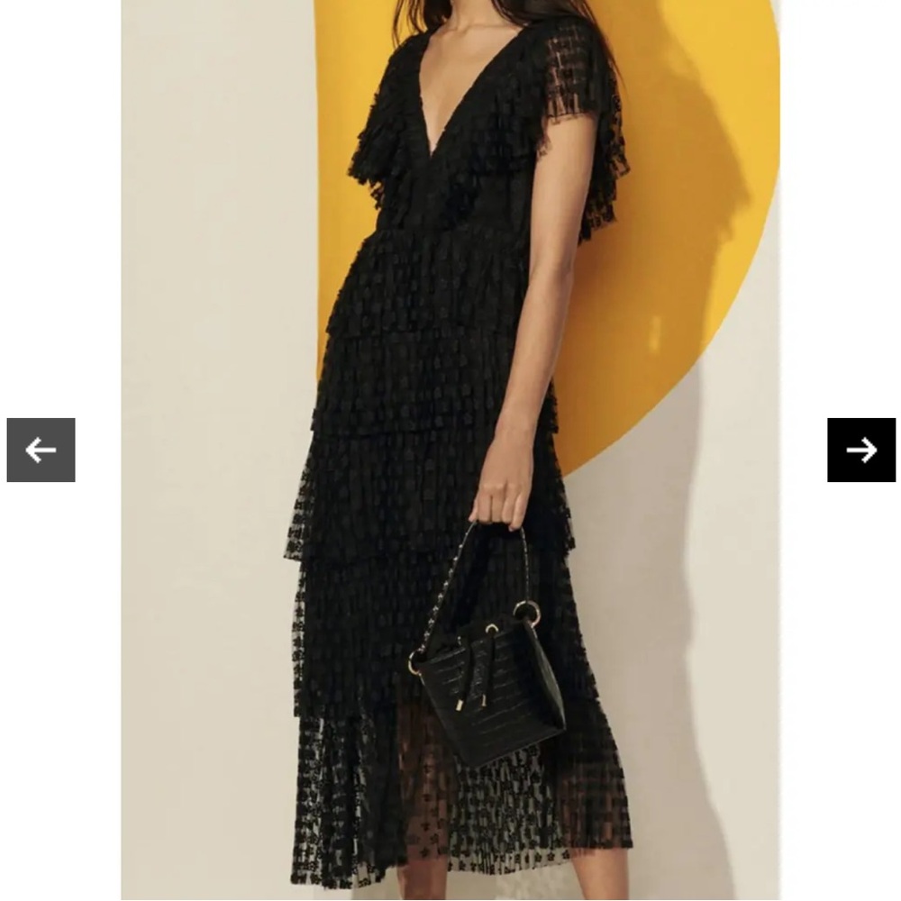 Sandro Bianca Asymmetrical Tiered Ruffle Black Lace Maxi Dress size 42